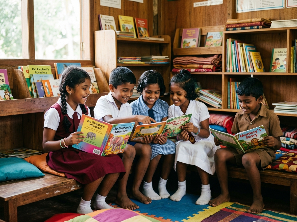 Children reading books in a village classroom
